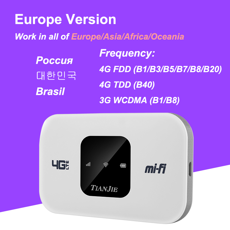 TIANJIE 150Mbps 4G Wifi Router Sim Card Wireless Modem FDD/TDD Pocket Network Adapter Mobile Car WI-FI Mesh With 2100MAh Battery: WHITE