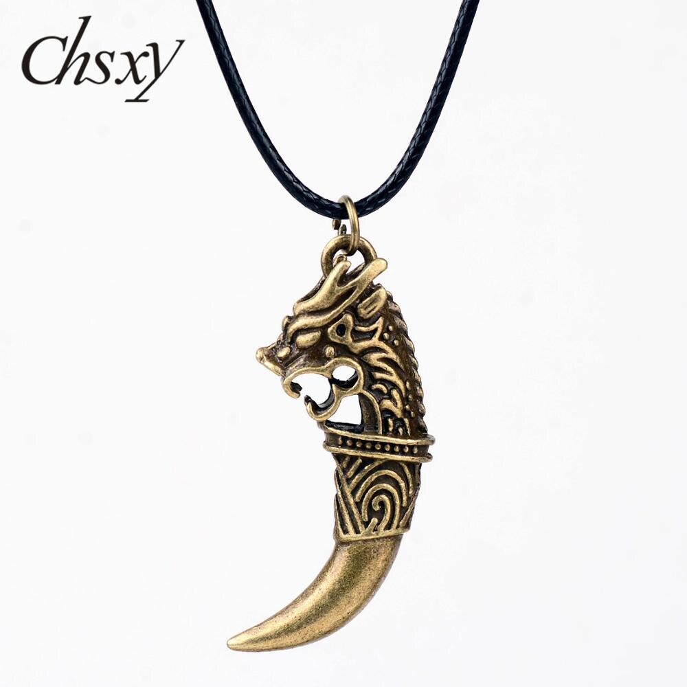 CHSXY Vintage Gothic Punk Dragon Head Necklace Personality Domineering Carving Wolf Tooth Shape Alloy Pendant Necklace Men