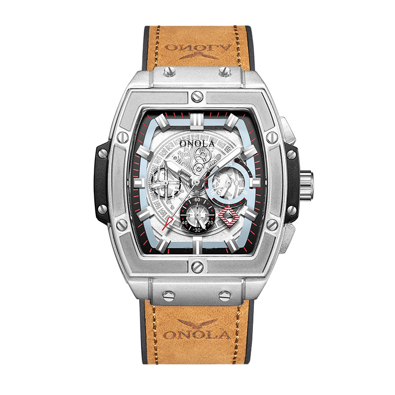 Relojes de lujo a la con clásico en forma de barril para hombre ONOLA, reloj de cuarzo de cuero informal resistente al agua multifuncional para hombre: Café