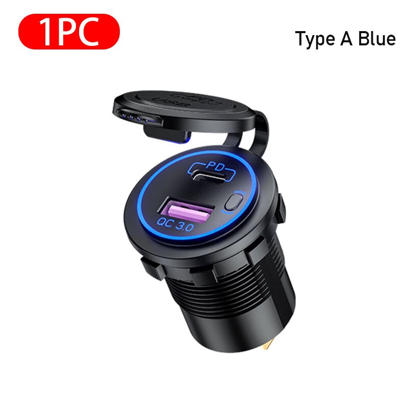 12V-24V ładowarka samochodowa USB QC3.0 5V 3A USB automatyczny gniazdo szybkie ładowanie PD Port zapalniczki wodoodporna 12V ładowarka accesori: rodzaj A niebieski 1szt