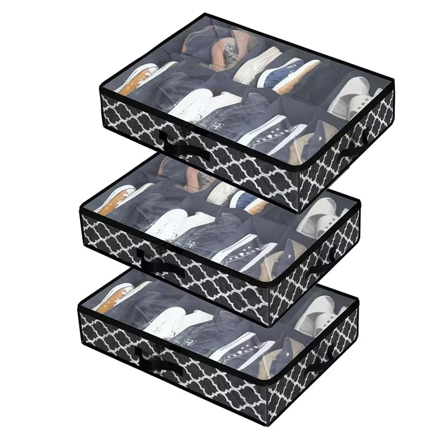 Stevige schoenenopbergorganisator voor onder het bed, set van 3, schoenenkast voor onderbed, opbergoplossing met helder venster, ademend: Sky Blue