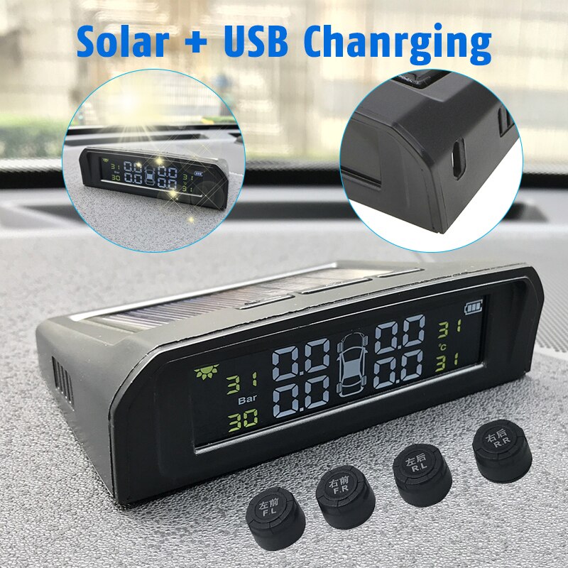 Auto Led Display Tpms Bandenspanning Monitoring Usb + Solar Alarm Monitor Systeem 4 Externe Sensoren Auto Beveiliging Alarm systemen