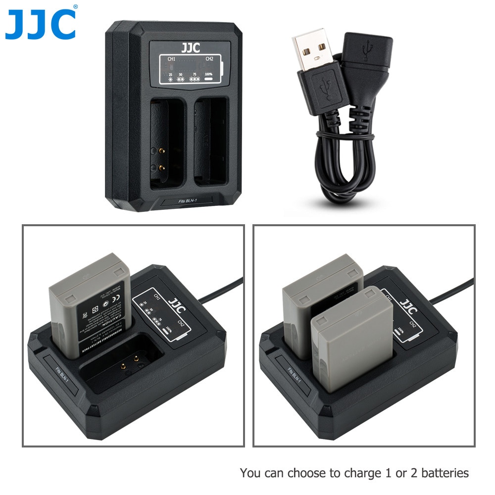 JJC Dual Battery Charger Voor Camera 'S Voor Olympus BLN-1 JJC B-BLN1 Usb-poort Met Verlengkabel 2.5 uur Oplaadtijd