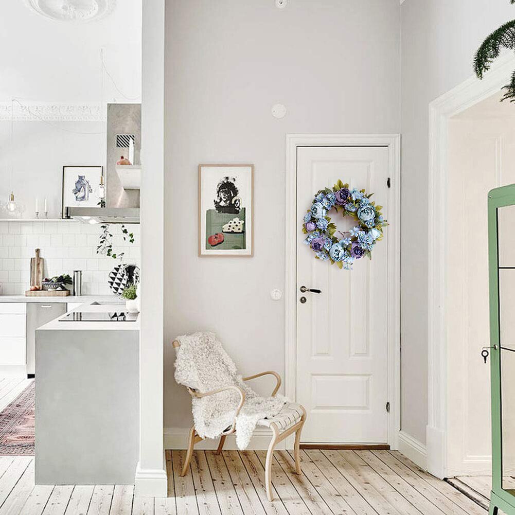 Corona de flores artificiales Vintage europea, corona de peonía para puerta de 16 pulgadas, corona de primavera, corona redonda para decoración de Festival de boda