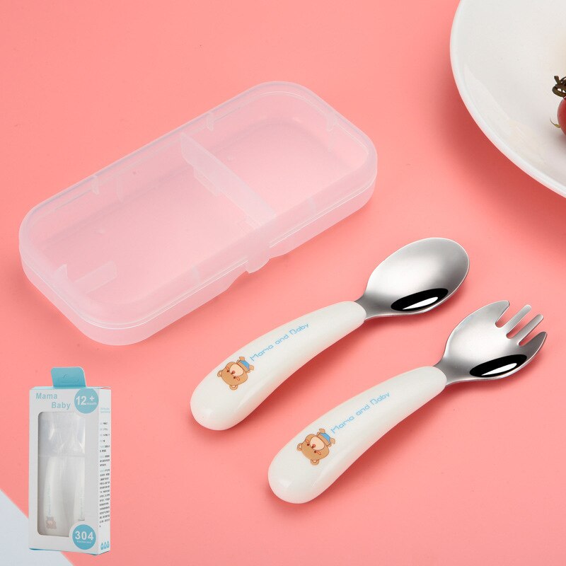 Baby Tableware Set Infant Food Feeding Spoon Fork Gadgets 304 Stainless Steel BPA Free Toddler Cartoon Dinnerware Cutlery: White Bear Set