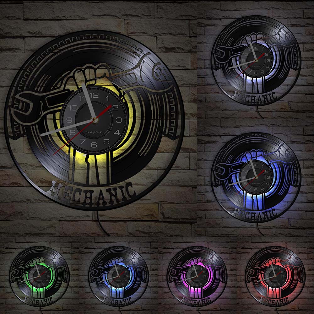 Reloj de pared de vinilo decorativo para garaje, herramientas mecánicas modernas, decoración para coche, llave inglesa, reloj de pared, para reparador: With LED