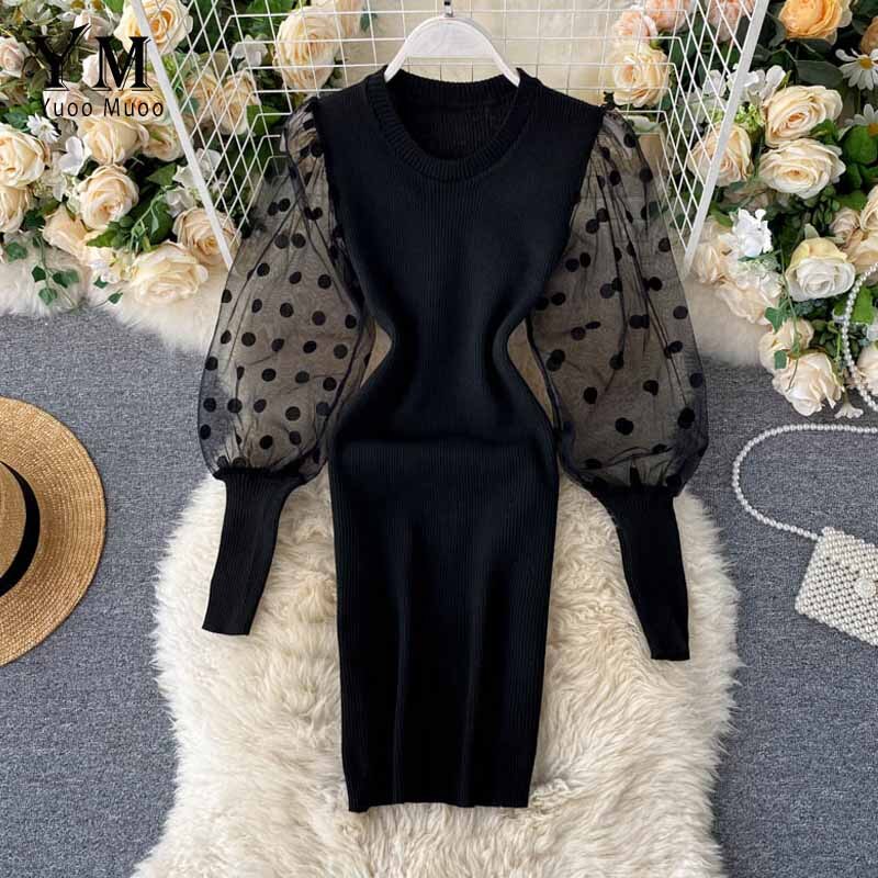 Yuoomuoo naiset neulottu punainen juhlamekko syksy talvi mesh piste pitkä puhvihihainen bodycon mekko lyhyet naisten mekot: Musta