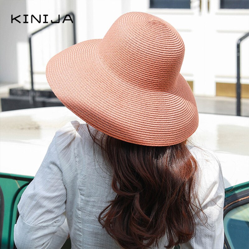 Hepburn Zomer Zonnehoed Dames Solid Plain Elegante Brede Rand Hoed Ronde Top Uv Bescherming Floppy Stro Strand Hoed Panama chapeau