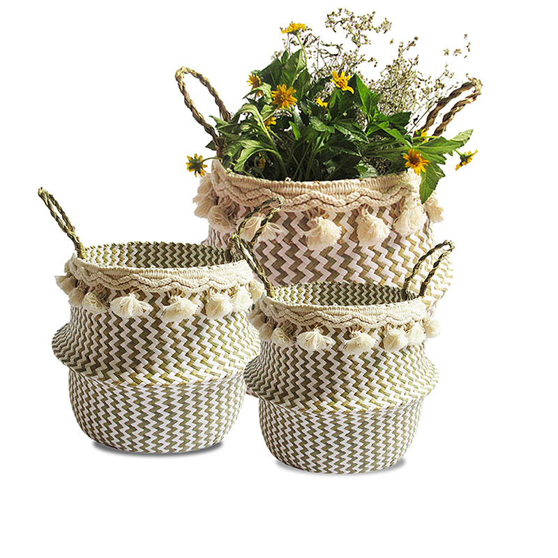 Cesta grande de mimbre plegable para almacenamiento de ropa, cestas decorativas con pompones, macetas de flores, organizador del hogar