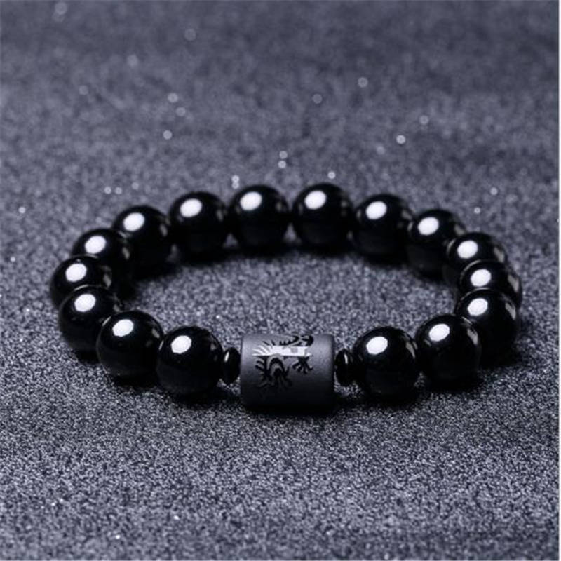 6Mm 8Mm Geliefde Stijl Zwarte Steen Obsidiaan Kralen Armband Multilayer Transfer Luck Armband & Bangle Sieraden Voor paar: 12mm Dragon