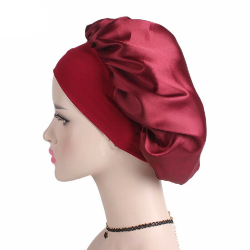 Solid Silk Satin Night Sleep Cap Hair Bonnet Hat Head Cover Wide Band Adjust Elastic