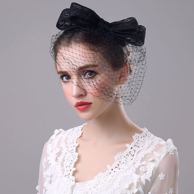 Sombreros y fascinantes elegantes de boda para mujer, con lazo grande, para de novia, tocado Blanco/Negro, diadema, velos de cara para mujer