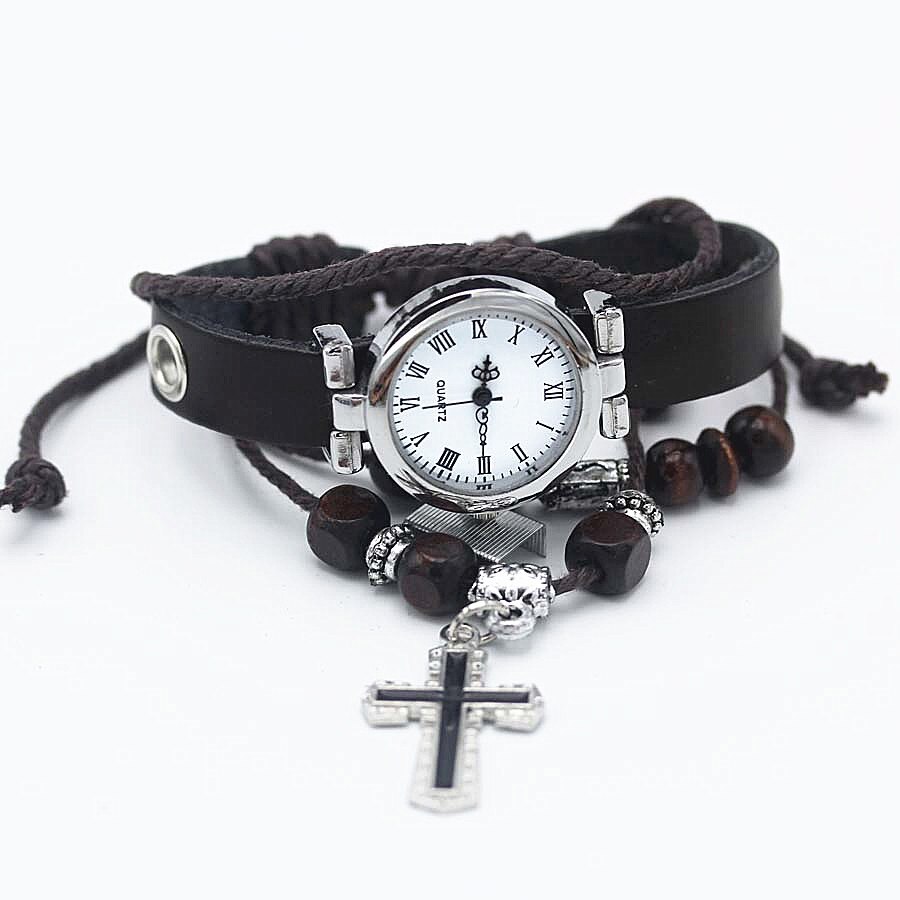 shsby unisex ROMA vintage watch leather strap bracelet watches Religious cross women dress watches silver female wristwatch: dark brown