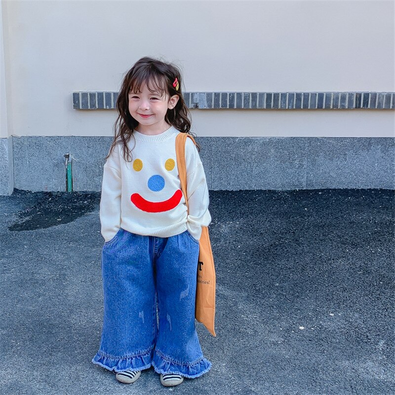 Children's 2022 spring clothes new girls Korean smiling face sweater loose Pullover Top 4-22