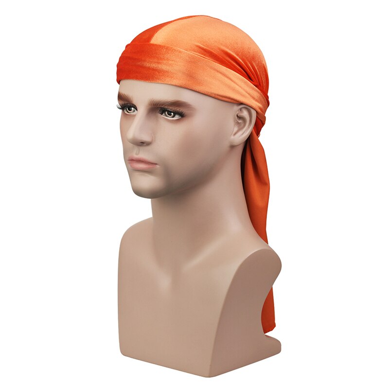 Mannen Fluwelen Lange Staart Durag Hip Hop Tulband Ademend Bandana Hoed Fluwelen Zijdeachtig Satijn Durag Doen Doo Du Rag Lange staart Headwrap: Oranje