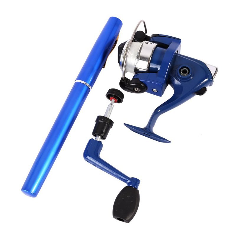 Outdoor Mini Camping Reizen Baitcasting Telescopische Pocket Pen Vorm Hengel + Reel + Vislijn Set: Blauw