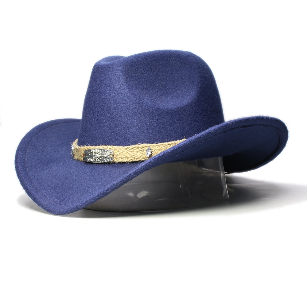 Retro beige skorpion strikket bånd forældre-barn kvinder mænd/kid uld bred skygge cowboy western hat cowgirl bowler kasket  (57cm/54cm): Flåde / Voksen størrelse 57cm