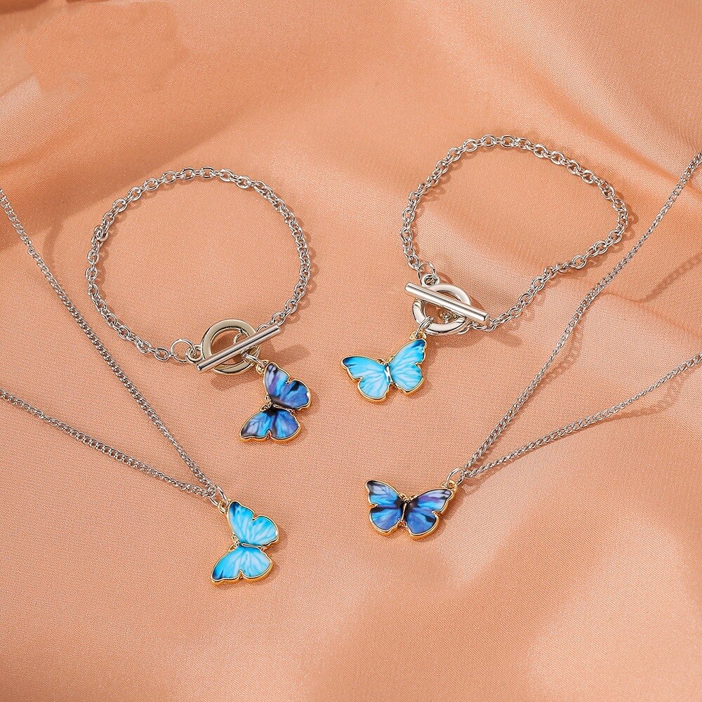 Collier papillon bleu violet pour femmes, pendentif Simple à la , chaîne en métal, bijoux