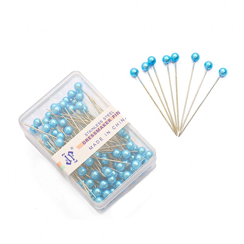 100Pcs/Box 38cm Colorful Round Pearl Head Needles Stitch Straight Push Sewing Pins For Dressmaking DIY Sewing Tools Positioning: Light Blue