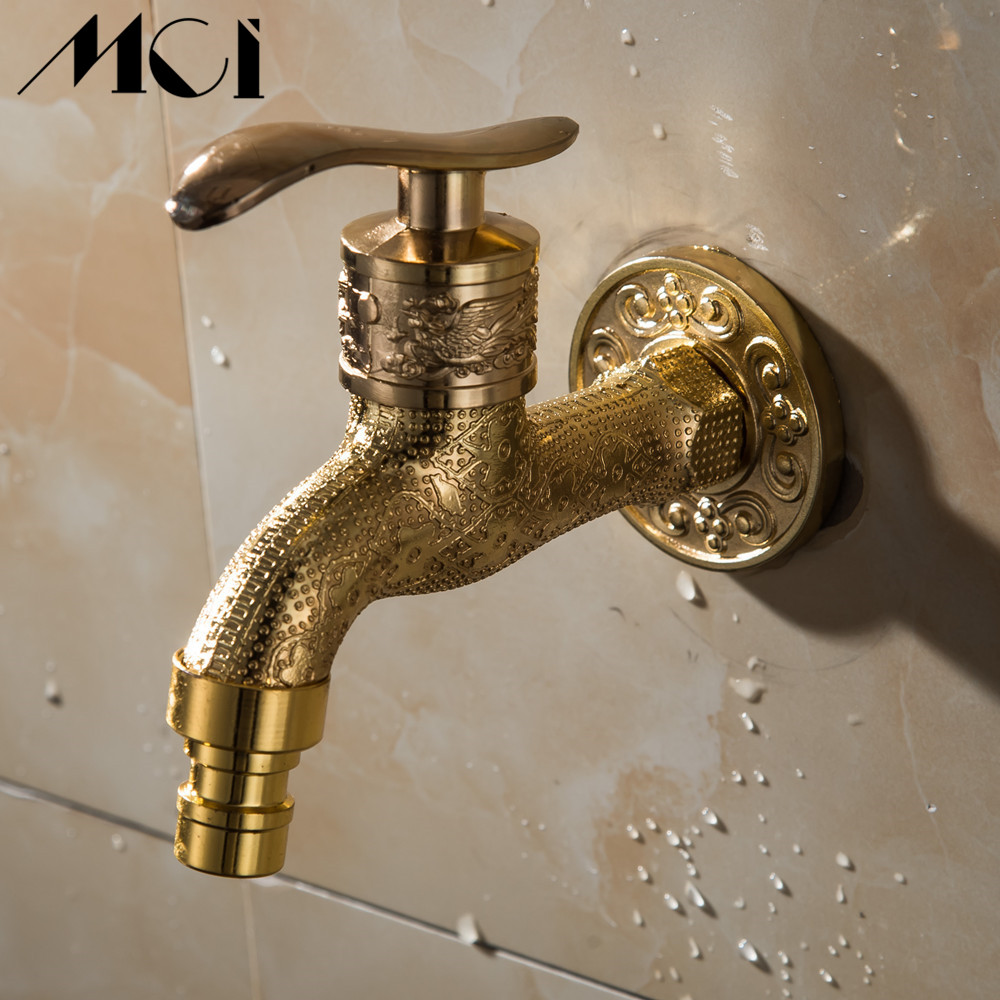Carved Wall Mount Zinc Golden Water Wall Small Taps Decorative Garden Faucet Long Washing Machine Water Tap Basin Bibcock MCI