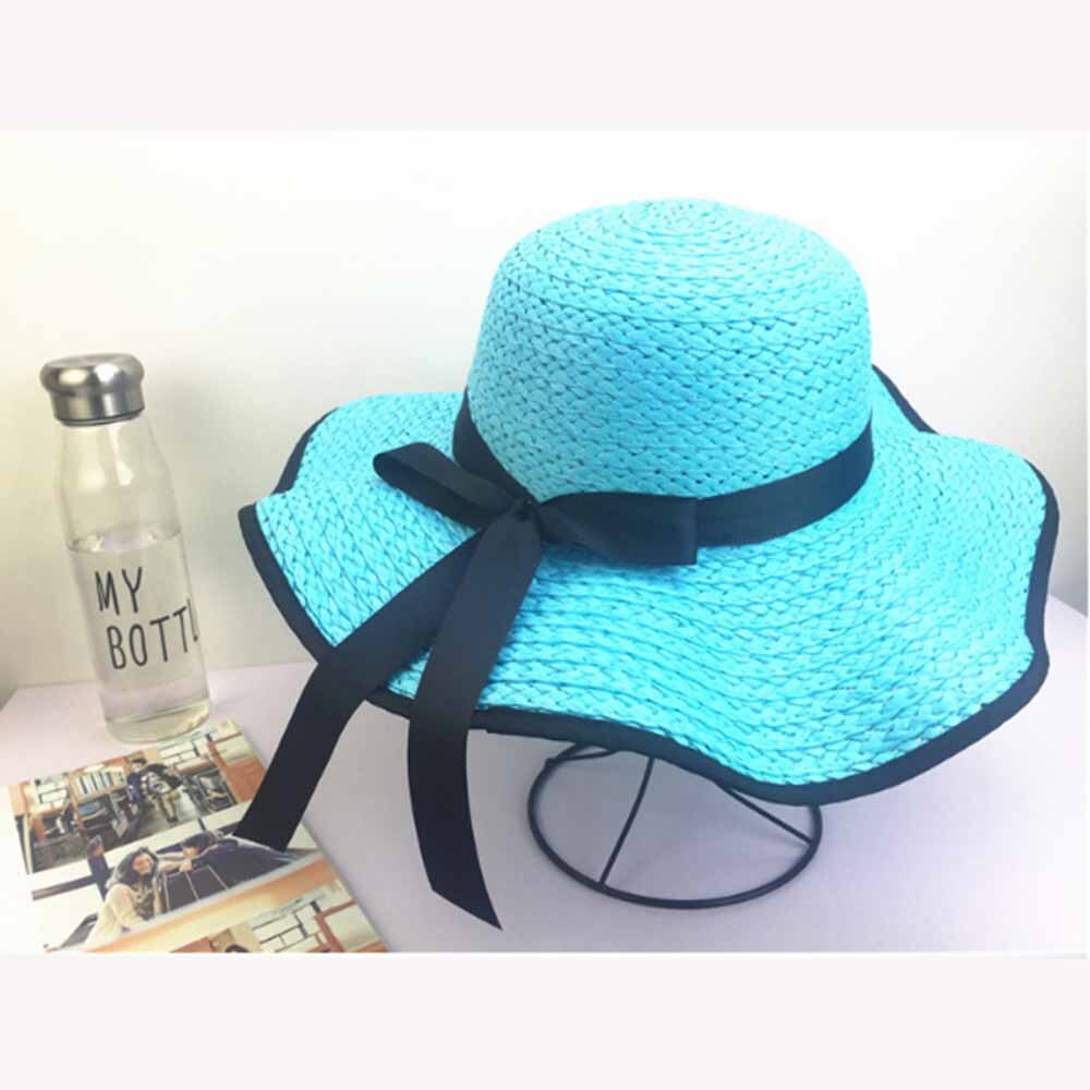 Damer årsagssammenhæng topi strand hat sommer sol uv beskyttelse yndefuld floppy halm sol hat kvinder kvinde rejse hat: Himmelblå