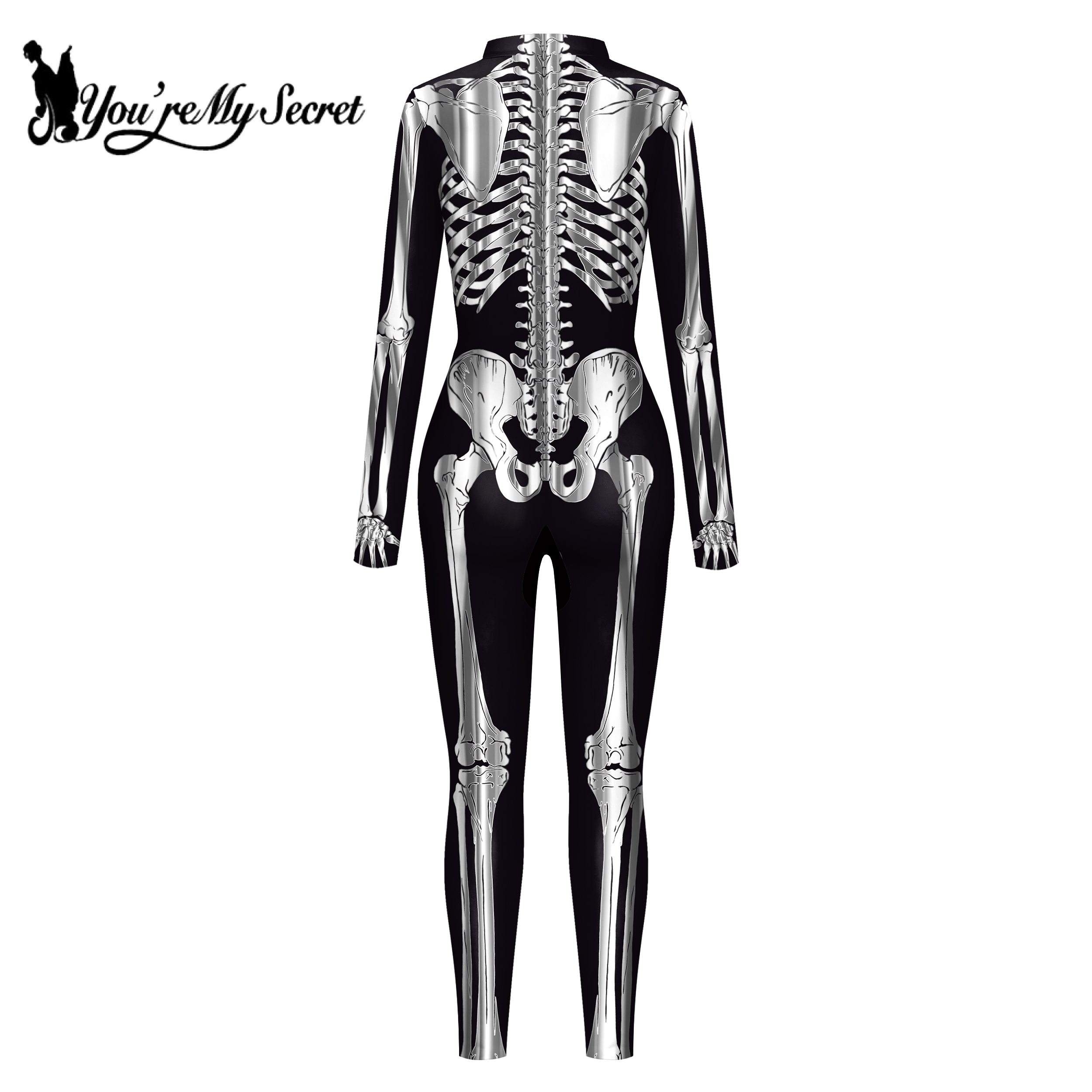 [You're My Secret]Halloween Cosplay Costumes For Women Skeleton Printed Long Sleeve Bodysuits Slim Elastic Fancy Outfits Catsuit