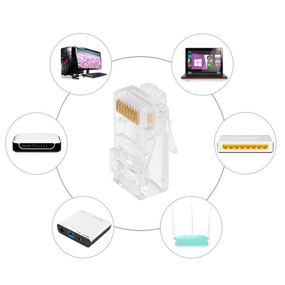 Connecteur de raccordement réseau LAN RJ45 Cat5e Cat6, 50 pièces, broches dorées, cristal