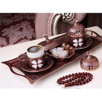Turkse Koffie Set Arabische Poef Griekse Authentieke Product Met Historische Patroon Espresso Serveren Copper & Silver: Copper