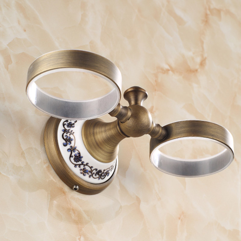 Lavabo de cerámica doble para baño con soporte de montaje en pared, acabado de bronce antiguo, MATERIAL DE LATÓN sólido