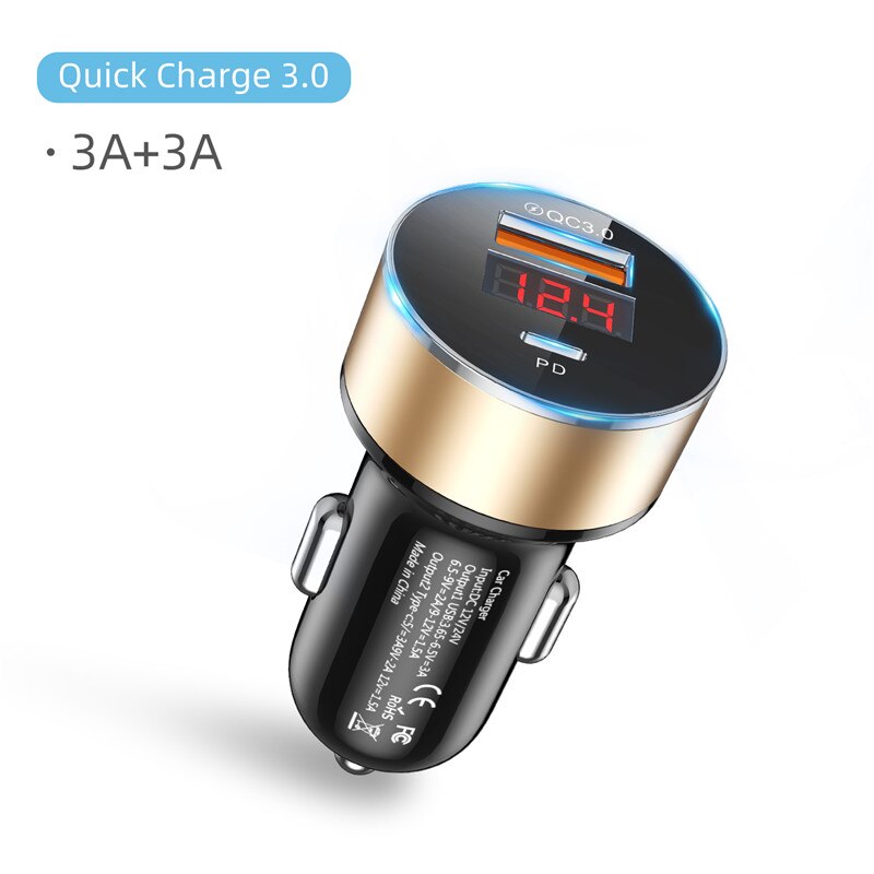 36W 6A QC3.0 PD Car Charger With LED Display Universal Mobile Phone Car-Charger For Xiaomi For Honor For iPhone 12Pro Tablet: Gold