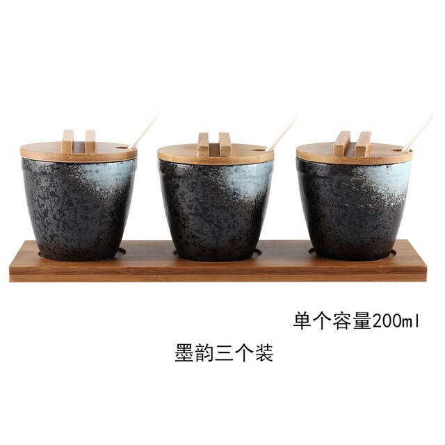 Japanse Stijl Keramische Kruidenrek Kruiden Doos Zout En Peper Containers Set Met Bamboe Deksel Dienblad Kruiderij Jar: Donkergrijs