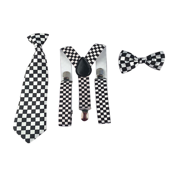 3PCS boys girls Children Kids suspensorio butterfly BowTie Bowknot Tie Necktie suspenders Set For Wedding Party Speech TR0004: Black and White Squa