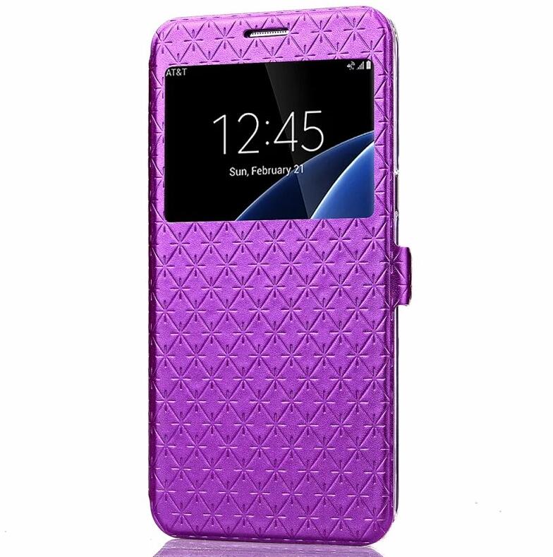 Cover Phone Case For Samsung Galaxy s7 edge SM G9350 Flip PU Leather tpu Shell S7 G9300 Rhombus Holster Bag Window Stand: For Samsung S7 / Purple