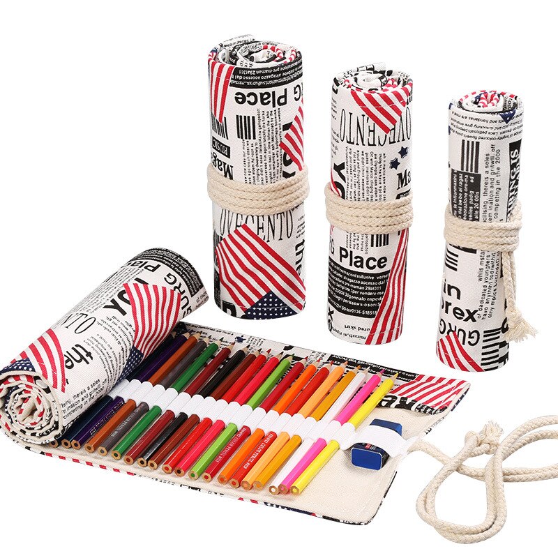 72 Gaten Schoolbenodigdheden Roll-Up Potlood Zakken Voor Kleur Potlood Pennen Tas Potlood Pouch Canvas Handgemaakte Bloemenprint kawaii Bgas: 72 hole usa flag