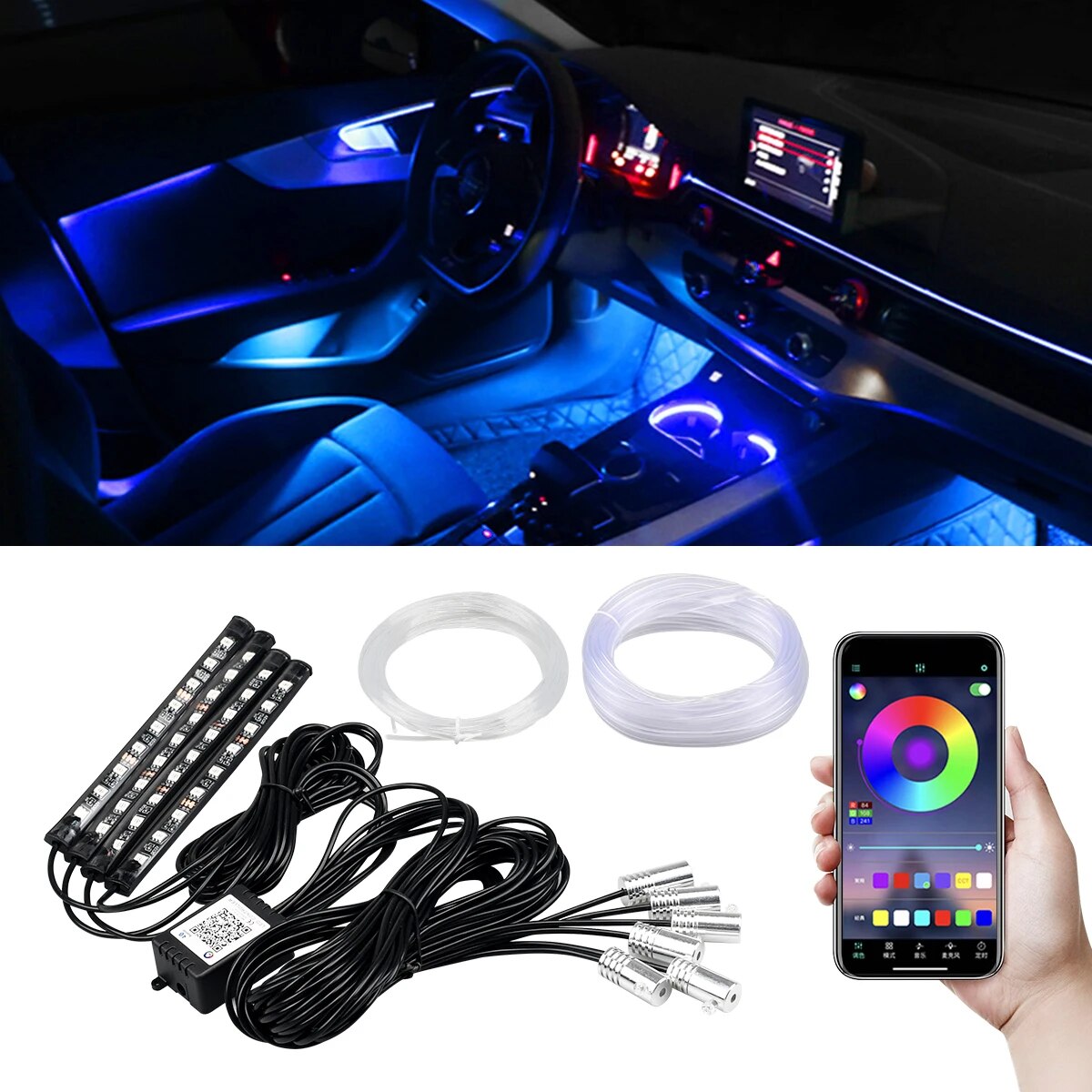 Auto Innenraum Neon rgb LED-Umgebungs licht Glasfaser-Kit mit App-Sound-Steuerung mehrere Modi Auto-Atmosphäre dekorative Lampe