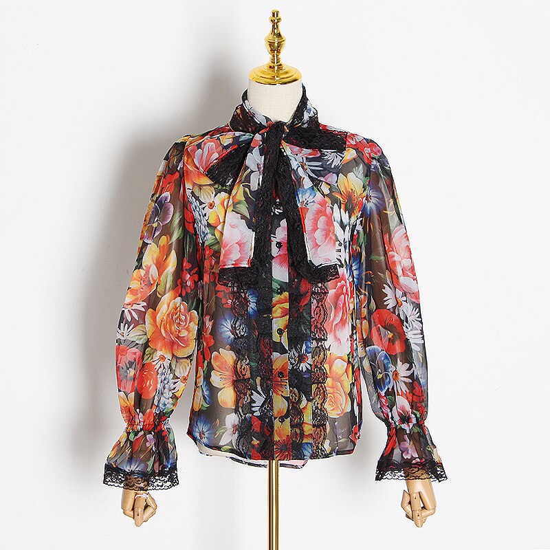 Twotwinstyle Vintage Bloemenprint Chiffon Shirts Blouse Vrouwen Stand Kraag Lange Mouw Bladerdeeg Tops Vrouwelijke Elegante Mode Kleding: S