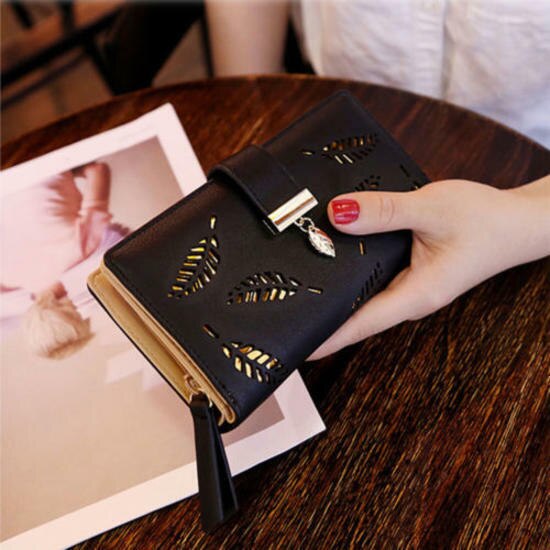 Women's Wallet PU Leather Purse Lady Girl Female Long Wallets Hollow Leaves Coin Purse Card Holder Clutch: Black