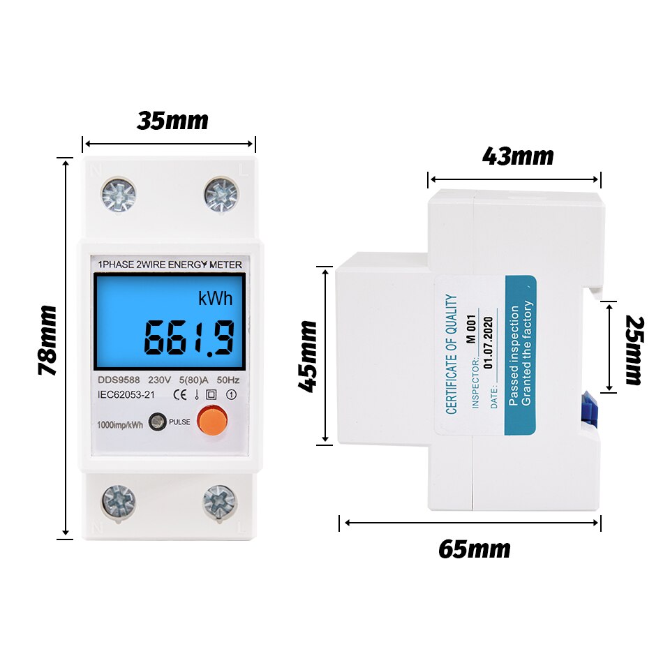 Backlight Single Phase 230V 5(80)A Digital Wattemeter Din Rail Electric KWH Power Meter Voltmeter Ammeter with Reset function