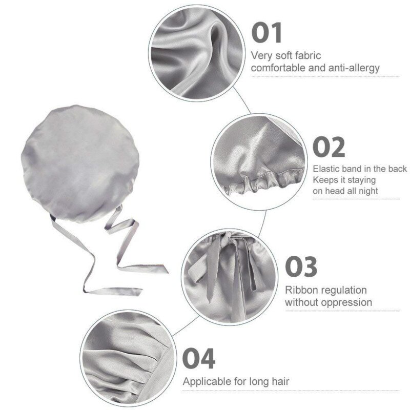 100% Mulberry Silk Night Sleep Cap Sleeping Hat 19 Momme Soft For Women Hair Beauty With Adjustable Elastic Ribbon: Silvergrey