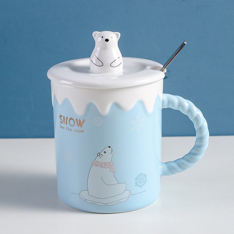 Leuke Ijsbeer Keramische Mok Met Deksel Lepel Koffie Cups Drinkware Koffie Thee Kopjes Student Melk Cup: C