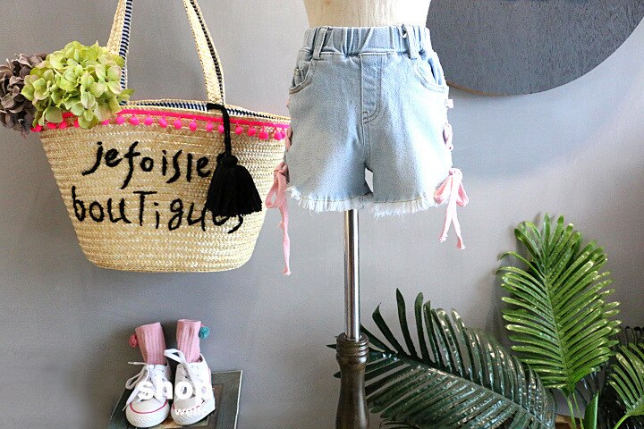 summer children kids clothes denim pants soft cute side contrast color cross strap baby girl shorts jeans