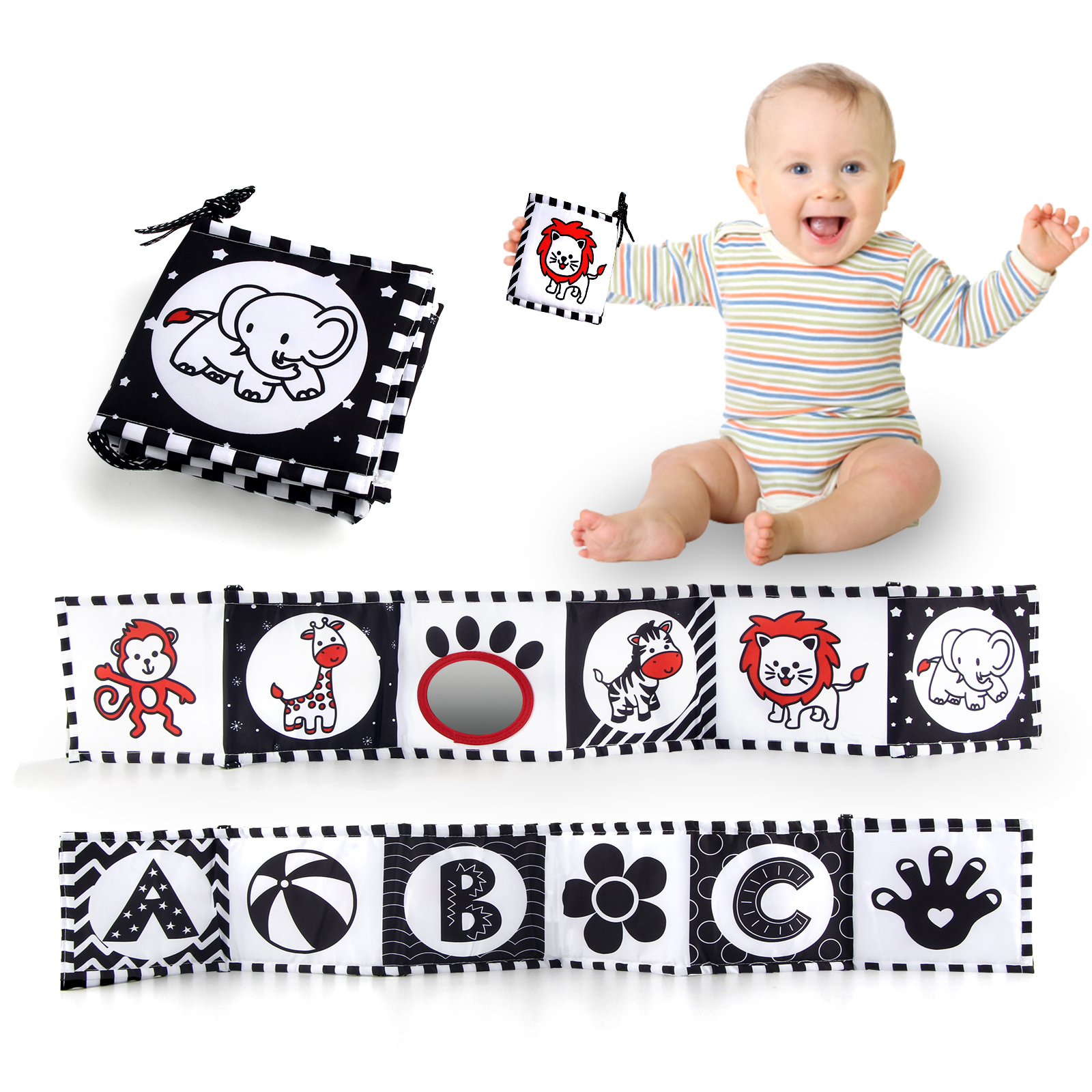 Libro de tela sensorial, juguetes para bebés de alto contraste de 0 a 12 meses, juguetes para cuna para recién nacidos, libros de tela de animales en blanco y negro, libro para bebés Montessori