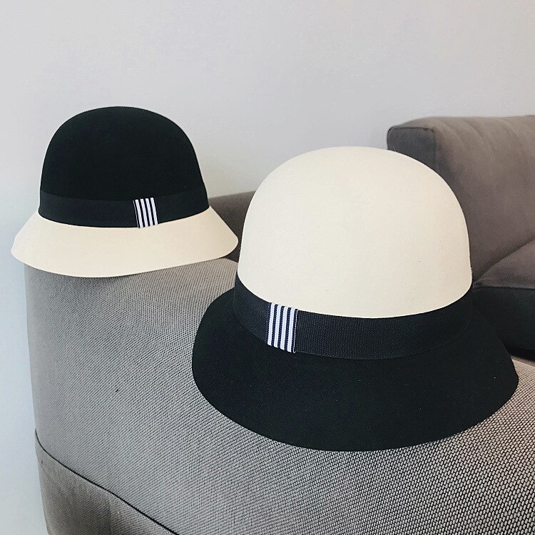 Wool Felt Black White Splicing Ladies Floppy Hats Winter Bucket Women Fedora Hat Church Derby Party Bucket Jazz Hat