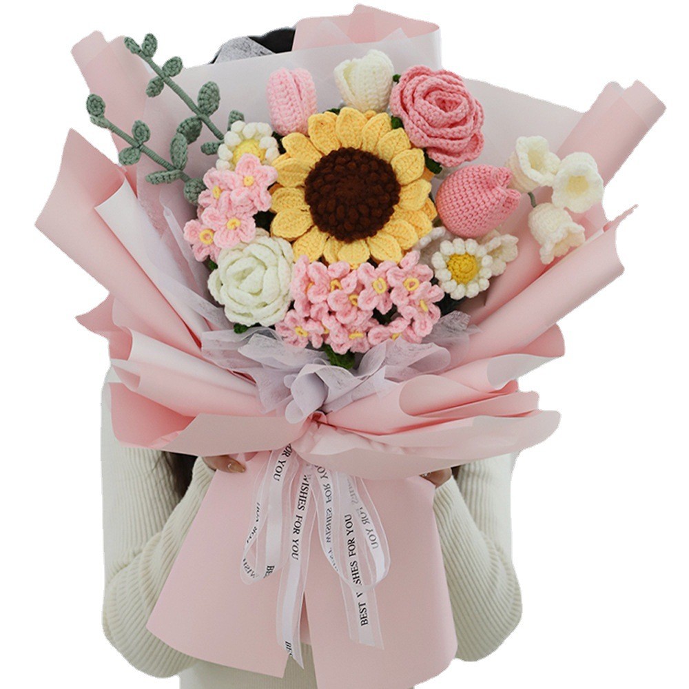 TPRPYN Pink Mixed Flower Bouquet Crochet Kit with yarn DIY Rose Tulip daisy sunflower Crocheting kits Knitting handmake beginner