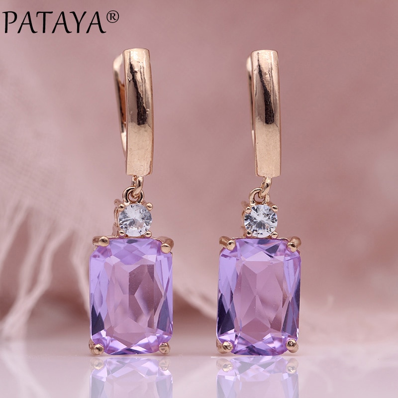 PATAYA Square Dark Blue Long Earrings Women Wedding Jewelry 585 Rose Gold Hollow Multicolor Natural Zircon Dangle Earrings