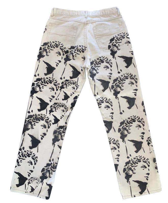 Men Clothing Loose White Washed Men Jeans Straight Tie-dye Denim Trousers Black Portrait Print Hip Hop Men's Trousers