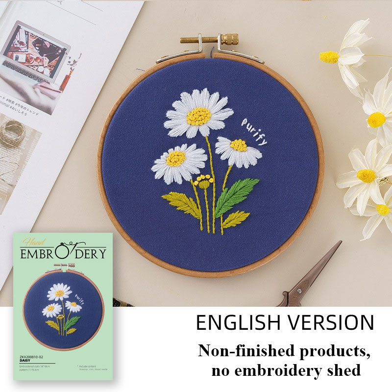 Nybegynner gjør-det-selv stemplet broderi startsett fargerike blomster planter mønster broderi stoff tråder verktøysett dekor kunstverk: Hvit