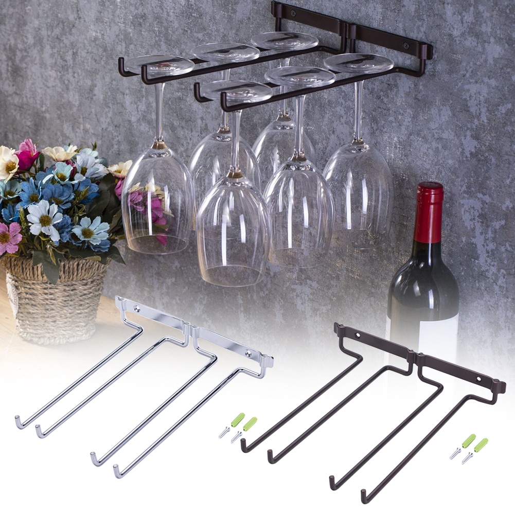 Wall Mount Hanger Supplies Hanging Stemware Under Cabinet Home Kitchen Holder Shelf Bar Wine Rack Double Row Useful Metal