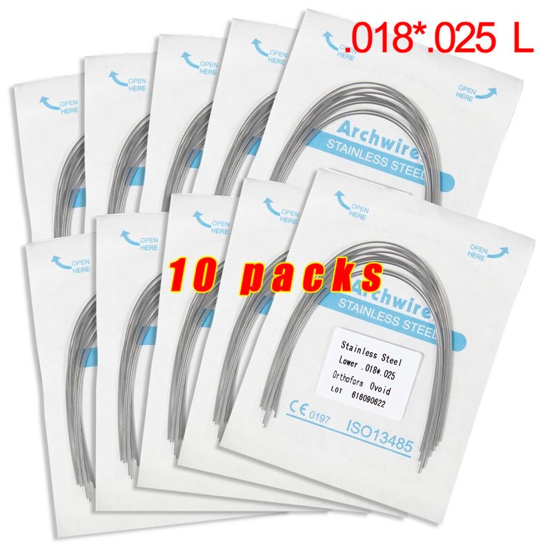 Lot de 10 arcs orthodontiques dentaires en acier inoxydable, forme rectangulaire, forme ovoïde, outil dentaire u/l, équipement dentaire: 10 pack 18 25l