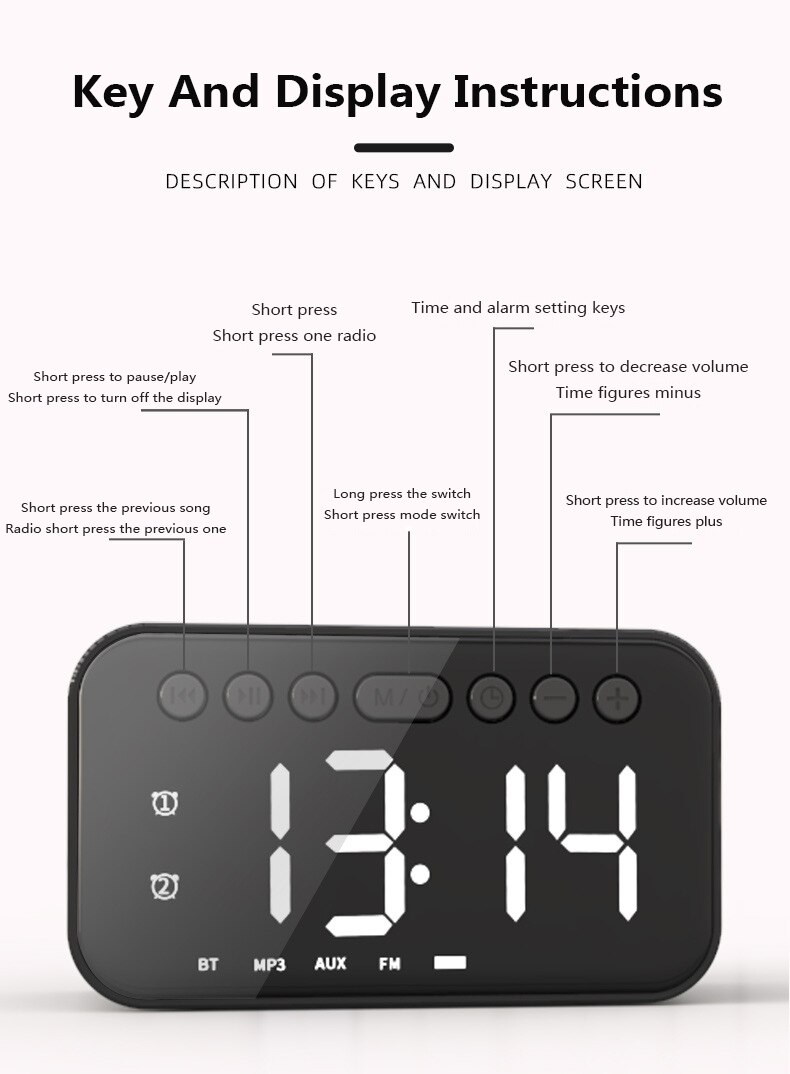 Mirror Digital Alarm Clock Radio With Bluetooth 5.0 Speaker Dual Alarms USB Charging Home Decoration Clock